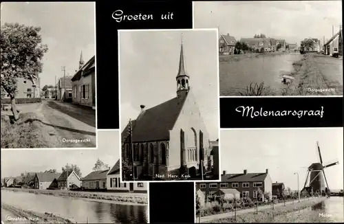 Ak Molenaarsgraaf Molenwaard Südholland Niederlande, Kerk, Molen, Dorpsgezicht