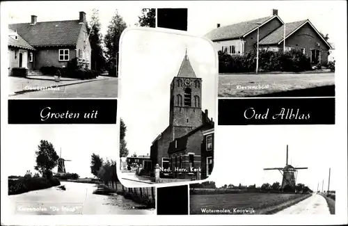 Ak Oud Alblas Südholland, Kleuterschool, Watermolen Kooywijk, Gemeentehuis, Ned. Herv. Kerk