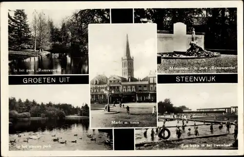 Ak Steenwijk Overijssel, Park Ramswoerthe, Monument, Markt met toren, Zwembad