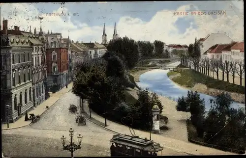 Ak Freiburg im Breisgau, Partie an der Dreisam, Straßenbahn, Litfaßsäule