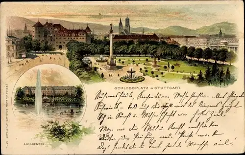 Litho Stuttgart in Württemberg, Schlossplatz, Anlagensee