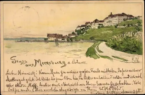 Künstler Litho Meersburg am Bodensee, Blick auf den Ort, Seepartie