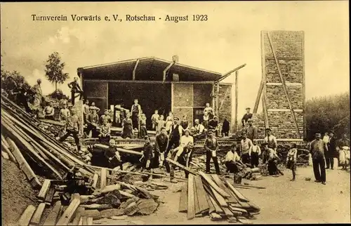 Ak Rotschau Reichenbach im Vogtland, Turnverein Vorwärts, August 1923, Bau der Turnhalle