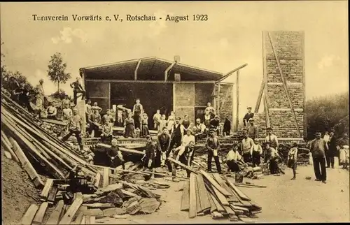 Ak Rotschau Reichenbach im Vogtland, Turnverein Vorwärts, August 1923, Bau der Turnhalle