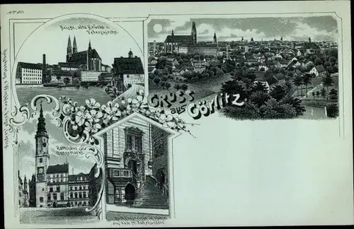 Mondschein Litho Görlitz in der Lausitz, Rathaus, Untermarkt, Peterskirche, Rathaustreppen, Panorama