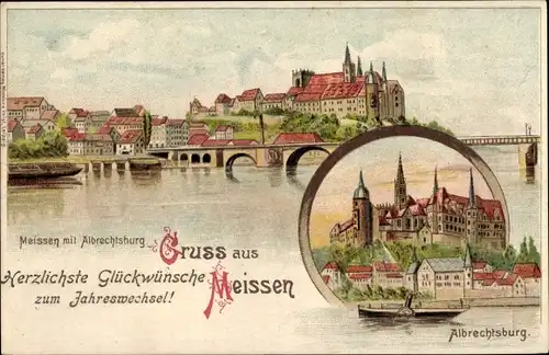 Litho Meißen an der Elbe, Albrechtsburg, Glückwunsch Neujahr