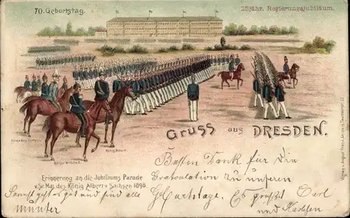 Litho Dresden Neustadt, Jubiläumsparade König Albert von Sachsen 1898, 70. Geburtstag, Wilhelm II