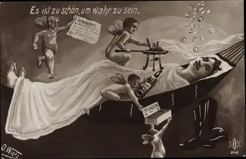 Künstler Ak Wietz, O., Es ist zu schön um wahr zu sein, Seemann in Hängematte träumt, Urlaub, Rum
