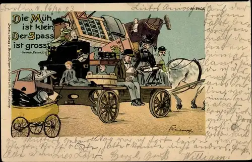 Künstler Ak Die Müh ist klein, der Spaß ist groß, Beladener Umzugswagen, Hausrat, BB&OL