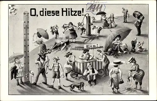 Ak O diese Hitze, Thermometer, Eisverkäufer, Dackel, Dresdener Vogelwiese