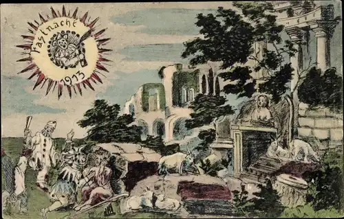 Künstler Ak Fastnacht 1913, Kostümierte in Ruinen