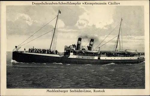 Ak Doppelschrauben Schnelldampfer Kronprinzessin Cecilie, Mecklenburger Seebäder Linie Rostock