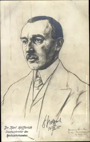 Künstler Ak Dr. Karl Helfferich, Staatssekretär des Reichsschatzamtes, 1915