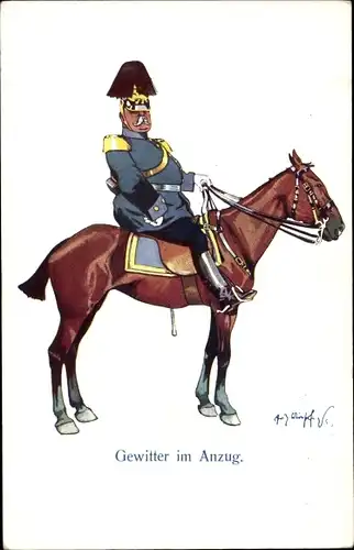 Künstler Ak Schönpflug, Fritz Gewitter im Anzug, Dicker Offizier auf einem Pferd, BKWI 864-5