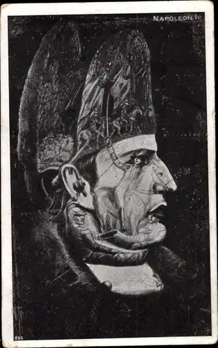 Künstler Ak Napoleon Bonaparte, Metamorphose, Gesicht aus Schlachtszenen