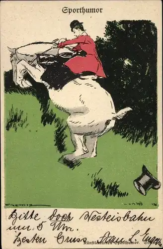 Künstler Ak Sporthumor, Reiter auf steigendem Pferd
