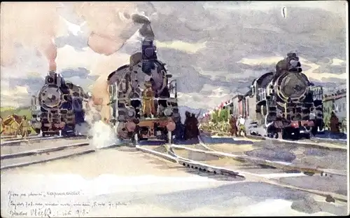 Künstler Ak Vlcek, Pamatnik Odboje, Nase vlaky, Karymskaja, Russland, Eisenbahnen, Dampflokomotiven