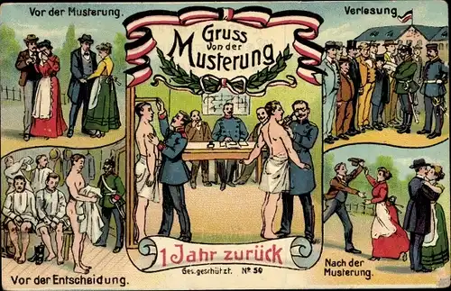 Litho Gruß von der Musterung, 1 Jahr zurück, Entscheidung, Verlesung