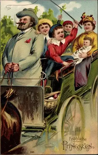 Litho Glückwunsch Pfingsten, Ausflugsgesellschaft in einer Kutsche