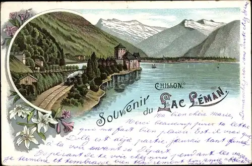 Litho Chillon Lac Léman Kt. Waadt Schweiz, Panorama, Bahnstrecke