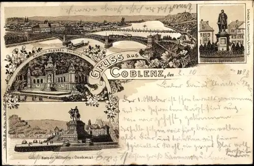 Litho Koblenz am Rhein, Kaiserin Augusta Denkmal, Kaiser Wilhelm Denkmal, Goeben Denkmal, Panorama