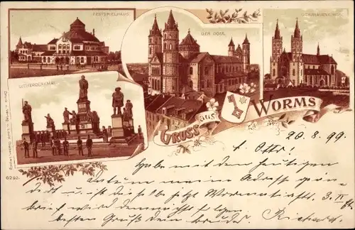 Litho Worms am Rhein, Dom, Festspielhaus, Lutherdenkmal, Liebfrauenkirche