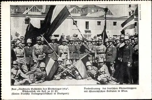 Ak Verbrüderung der deutschen Skutaritruppen mit österreichischen Soldaten in Wien, 1914