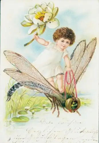 Glitzer Litho Kind auf Libelle reitend, Teich
