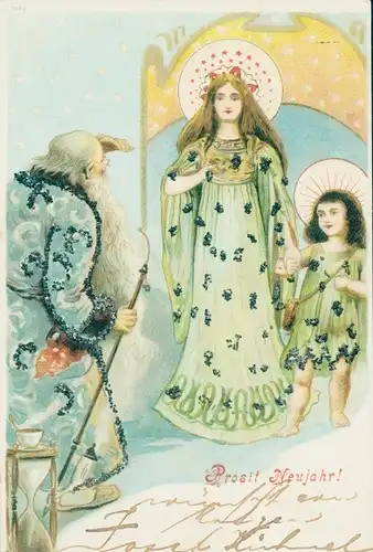 Glitzer Litho Glückwunsch Neujahr, Maria mit Kind, Alter Mann, Gehstock, Sanduhr