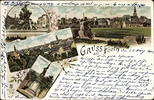 Litho Fürth in Mittelfranken Bayern, Panorama vom Ort, Denkmal