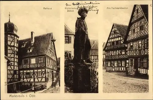 Ak Marktzeuln in Oberfranken, Rathaus, Alte Fachwerkbauten, Historische Statuen