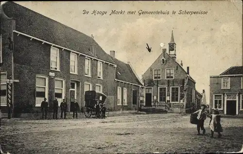 Ak Scherpenisse Zeeland, De Hooge Markt met Gemeentehuis