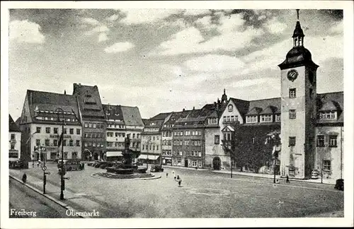 Ak Freiberg in Sachsen, Partie am Obermarkt, Rathaus, Brunnen