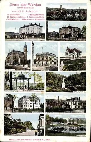Ak Werdau an der Pleiße in Sachsen, Bahnhof, Realschule, Postamt, Reichsbank, Bürgerhospital