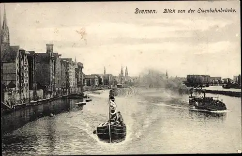 Ak Hansestadt Bremen, Blick von der Eisenbahnbrücke aus, Dampfer