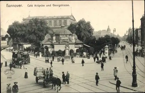 Ak Hannover in Niedersachsen, Cafe Kröpcke und Georgstraße, Straßenbahn