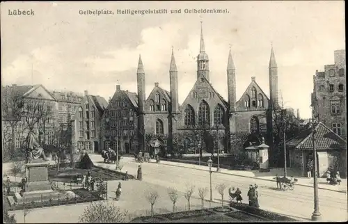 Ak Hansestadt Lübeck, Geibelplatz, Heiligengeiststift und Geibeldenkmal
