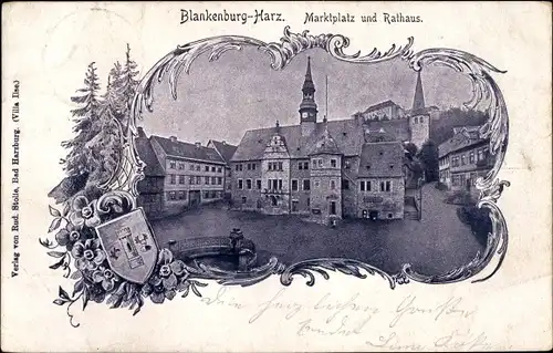 Passepartout Ak Blankenburg am Harz, Marktplatz und Rathaus, Wappen