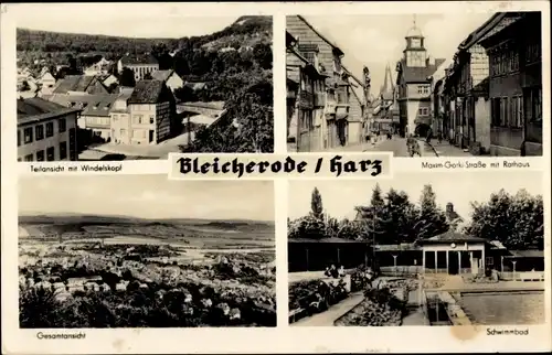 Ak Bleicherode am Harz, Teilansicht, Windelskopf, Schwimmbad, Gesamtansicht, Rathaus