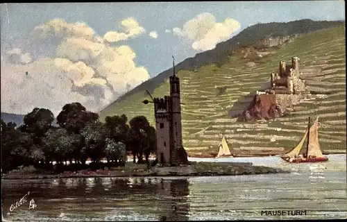 Künstler Ak Bingerbrück Bingen am Rhein, Blick auf den Mäuseturm, Fluss mit Segelbooten