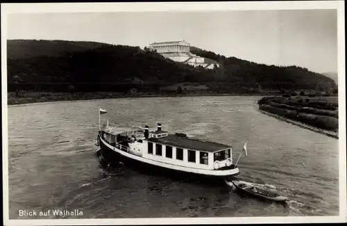 Ak Donaustauf am Bayerischen Wald Oberpfalz, Flusspartie mit Blick auf Walhalla