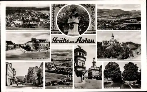 Ak Aalen im Ostalbkreis Württemberg, Schubart Denkmal, Bahnhofstraße, Rathaus Erker