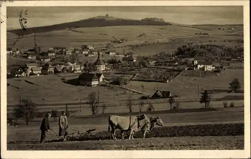 Ak Seiffen im Erzgebirge, Schwartenberg, Panorama, Rinderpflug