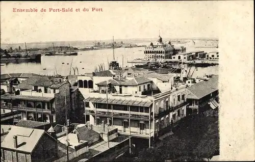 Ak Port Said Ägypten, vue de l'ensemble de la ville et du port