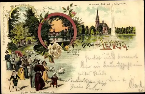 Litho Leipzig in Sachsen, Johannapark Teich mit Lutherkirche, Kath. Kirche, Pleissenburg