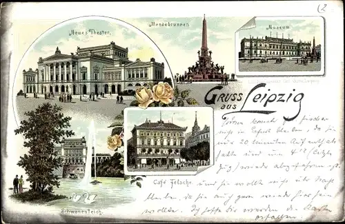 Litho Leipzig in Sachsen, Museum, Mendebrunnen, neues Theater, Cafe Felsche, Schwanenteich