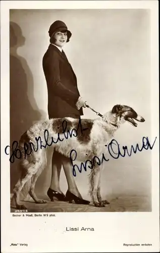 Ak Schauspielerin Lissy Arna, Portrait mit Hund, Autogramm