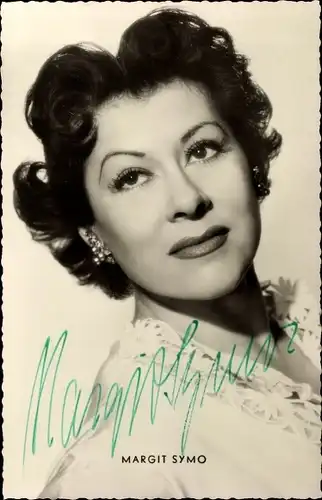 Ak Schauspielerin Margit Symo, Portrait, brünett, Ohrringe, Autogramm