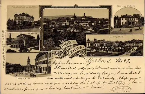 Litho Gotha in Thüringen, Herzogl. Palais, Orangerie, Hauptmarkt, Theater, Museum