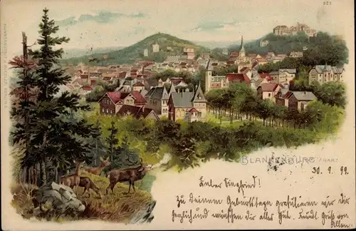 Litho Blankenburg am Harz, Totalansicht, Hirsche